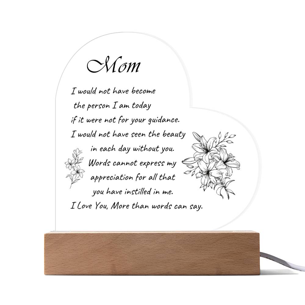 Acrylic Heart Plaque with Optional LED Nightlight -Gift for Mom