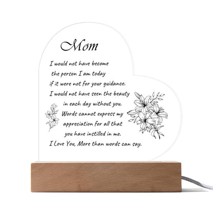 Acrylic Heart Plaque with Optional LED Nightlight -Gift for Mom