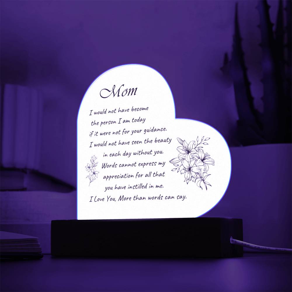 Acrylic Heart Plaque with Optional LED Nightlight -Gift for Mom