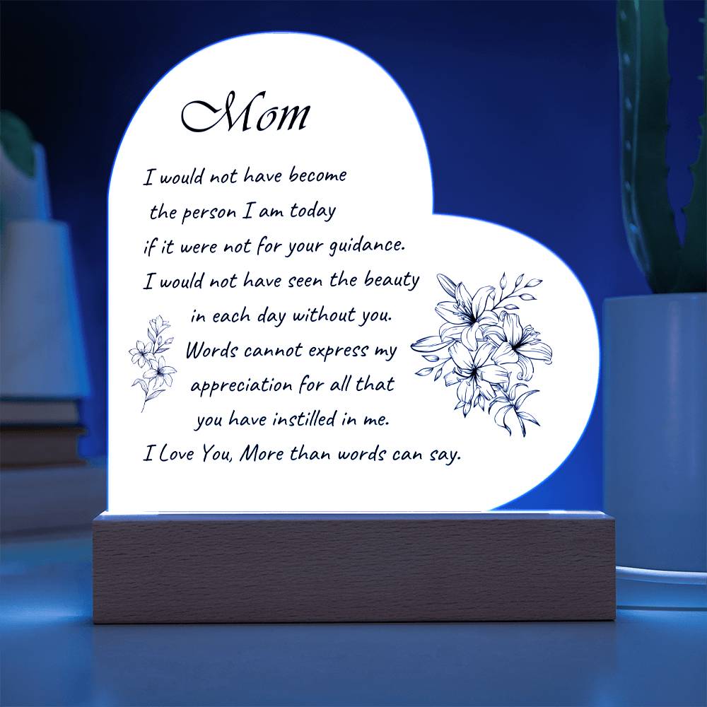 Acrylic Heart Plaque with Optional LED Nightlight -Gift for Mom