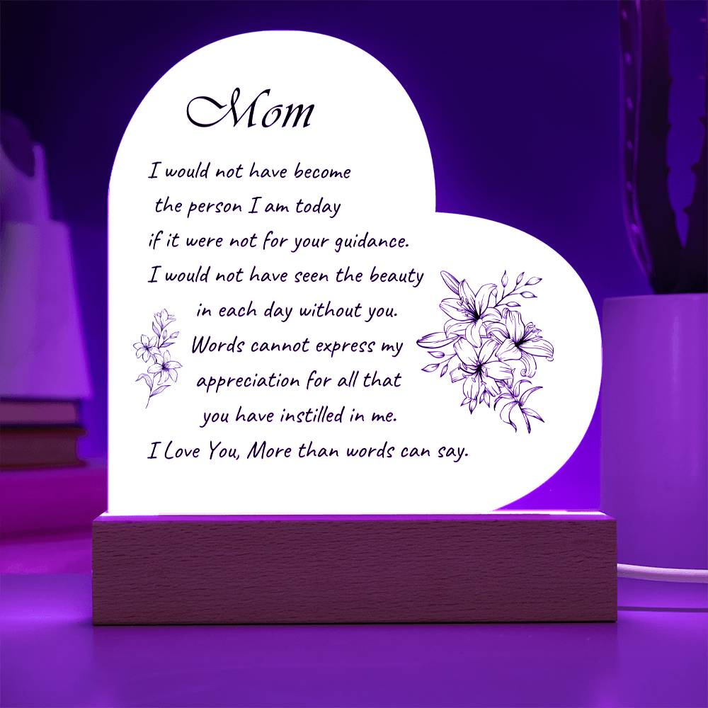 Acrylic Heart Plaque with Optional LED Nightlight -Gift for Mom